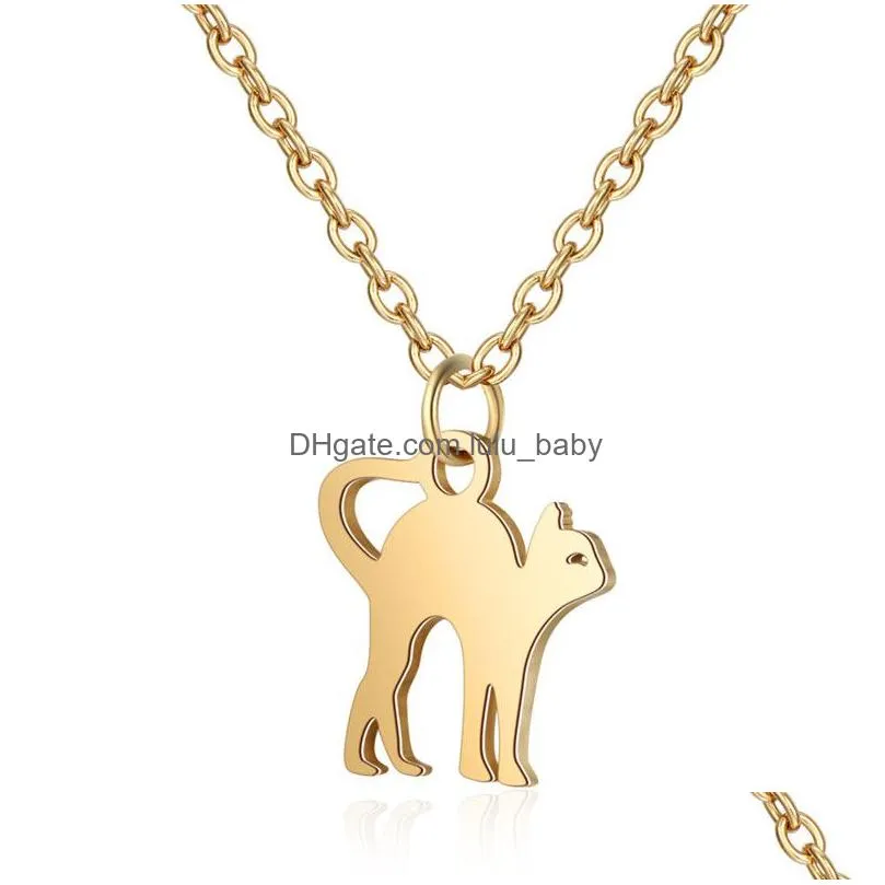 hight quality stainless steel cute cat pendant necklace for women men simple design pet cat charm gold silver chain necklaces jewelry