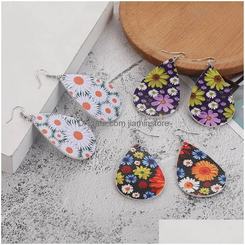 women pu leather earrings sunflower daisy print pattern bohemian faux leather dangle earring for girl fashion hook party jewelry gifts