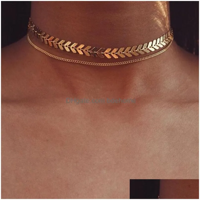 new chain choker two layers necklaces fishbone airplane shape gold color hot selling necklace flat chain jewelry