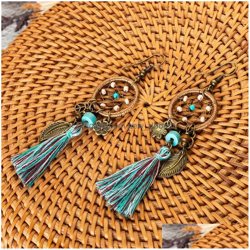 bohemian dream catcher tassel dangle earrings for women fashion boho ethnic long green fringed drop earring wholesale jewelry gifts