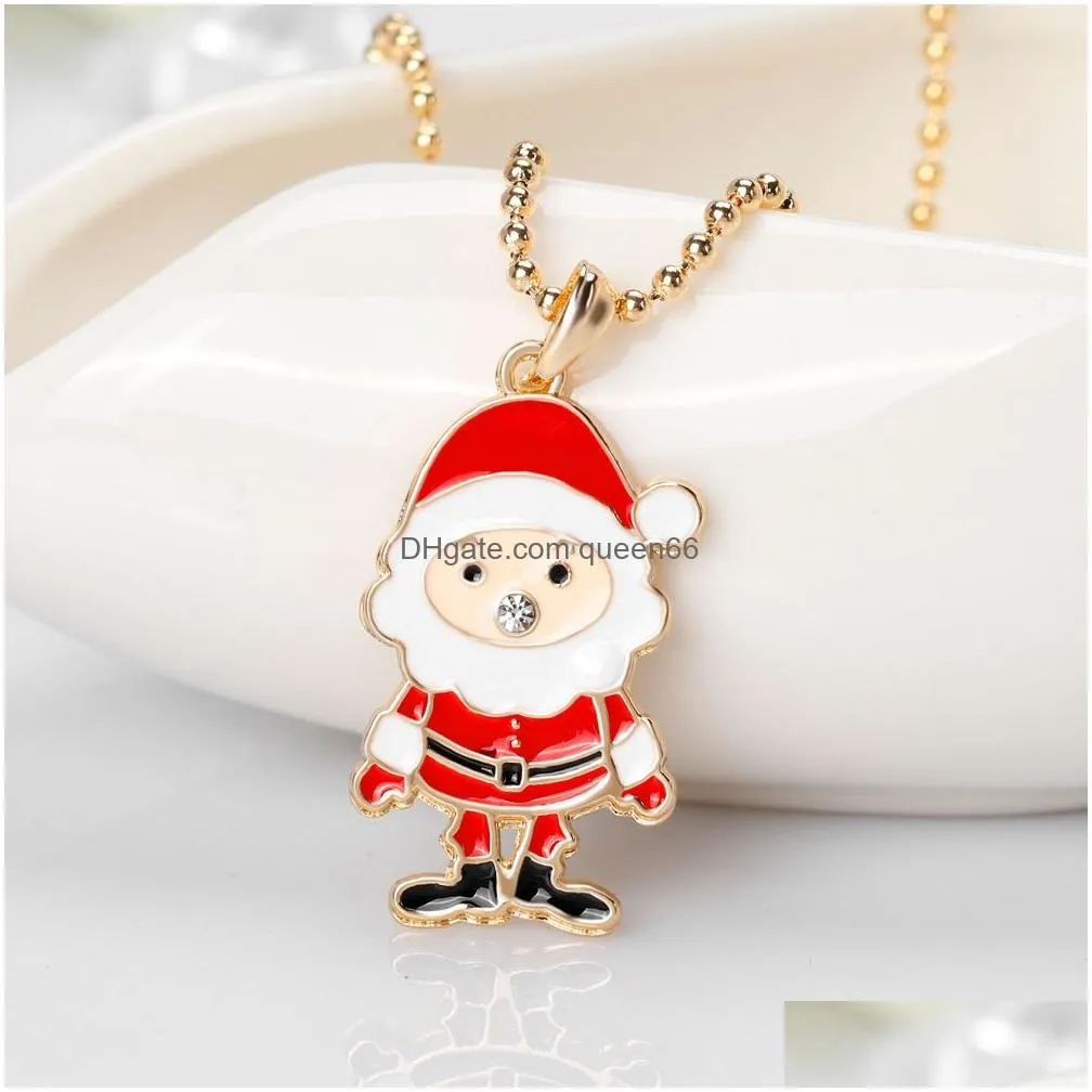 christmas necklace christmas tree rhinestone enamel necklace for women kids white snowman santa claus charms gold color christmas gift