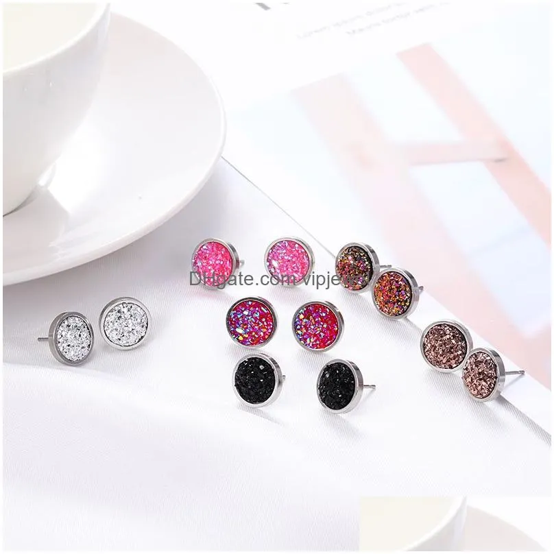  selling druzy resin stud earrings simple and exquisite stainless steel stud earring geometric round mineral face crystal ear for