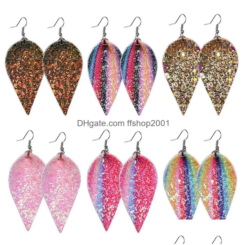 christmas gift pu leather glitter sparkly oval earrings leopard print water drop leather earrings fashion dangle earrings for women
