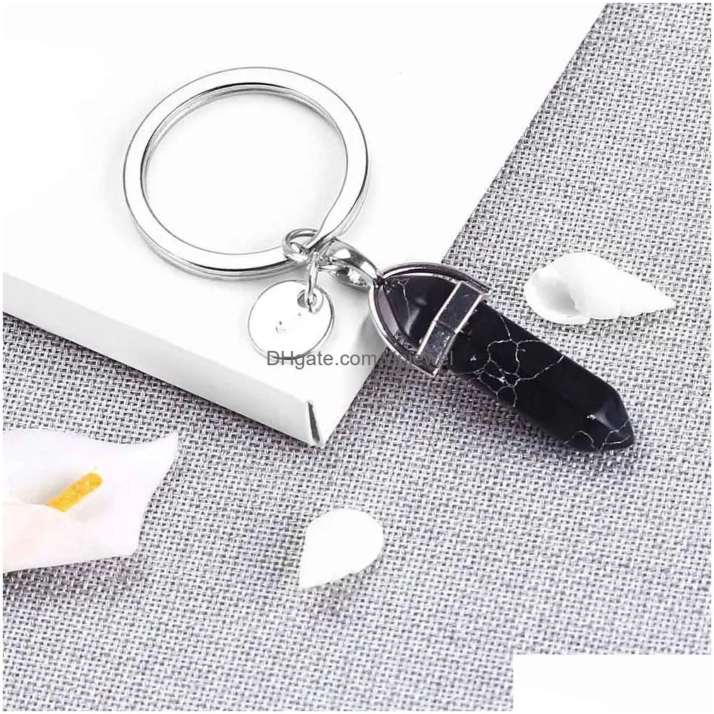 personalized custom az initial letter keychain natural stone crystal keyring colorful stone charms ring chain couples jewelry