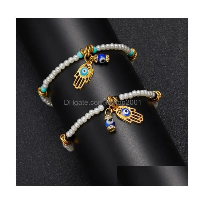 lucky hamsa hand pendant bracelet pearl beaded turkish evil eye for women men couple handmade friendship jewelry gift