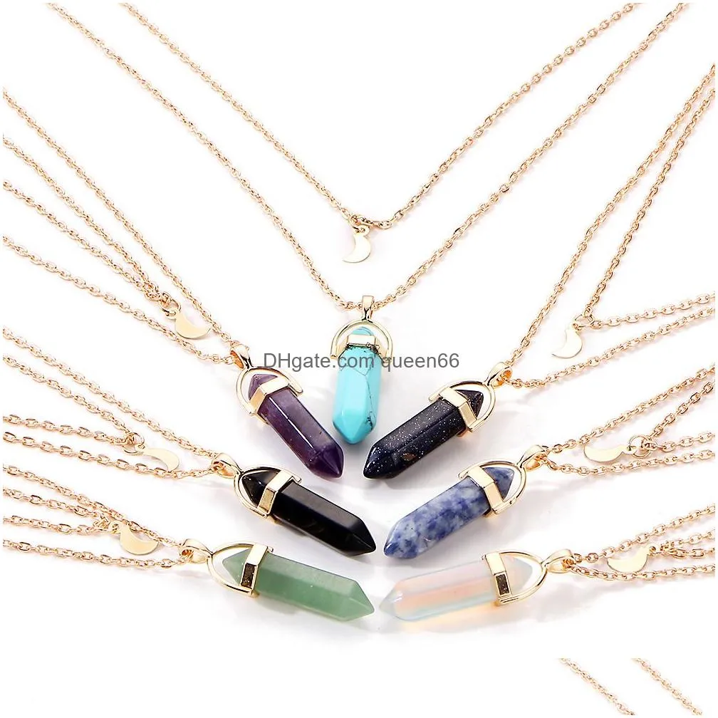 bullet shaped necklaces best friends crystal opals natural stone bullet moon pendant necklace double layer choker necklaces for women