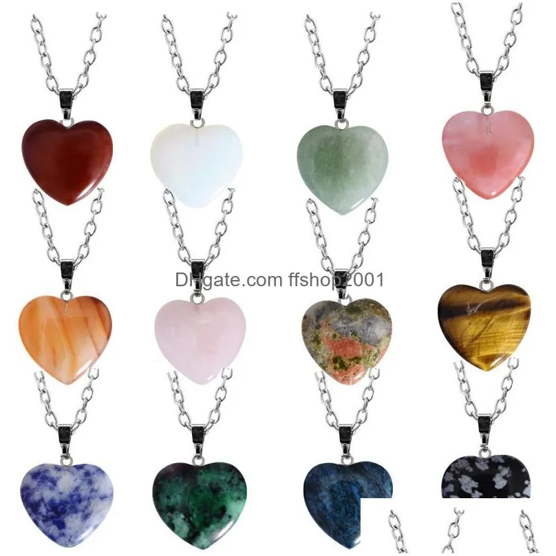 natural crystal stone pendant necklace creative heart shaped gemstone necklaces pink crystal fashion accessory gift with chain 20mm