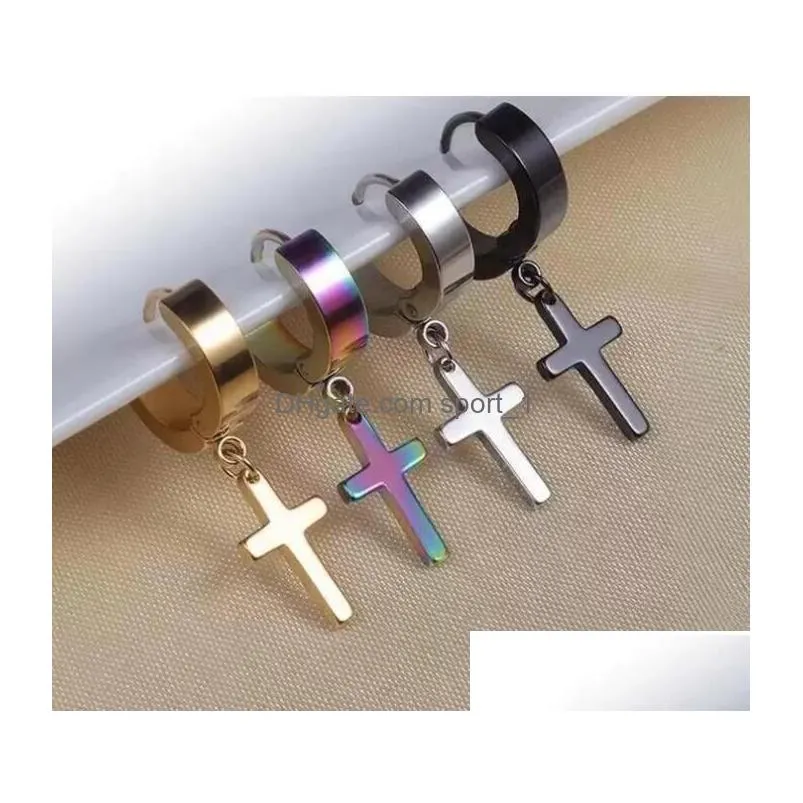 allergy cross ear clasp dangle fashionable titanium punk ear studs stainless steel earrings for men women 4 colors