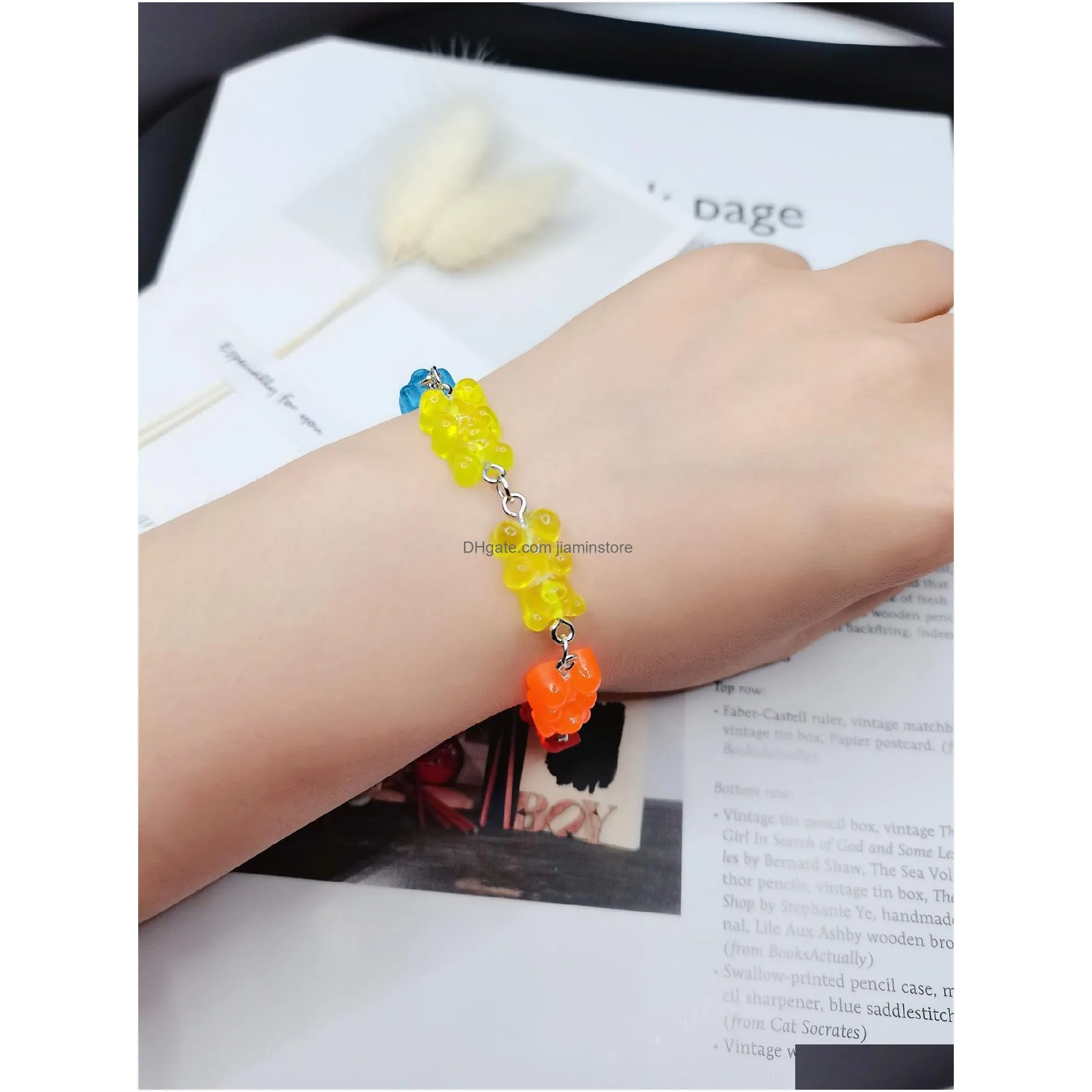 cartoon rainbow candy bear charm bracelet ins colored bears bounce diy hip hop link bracelets