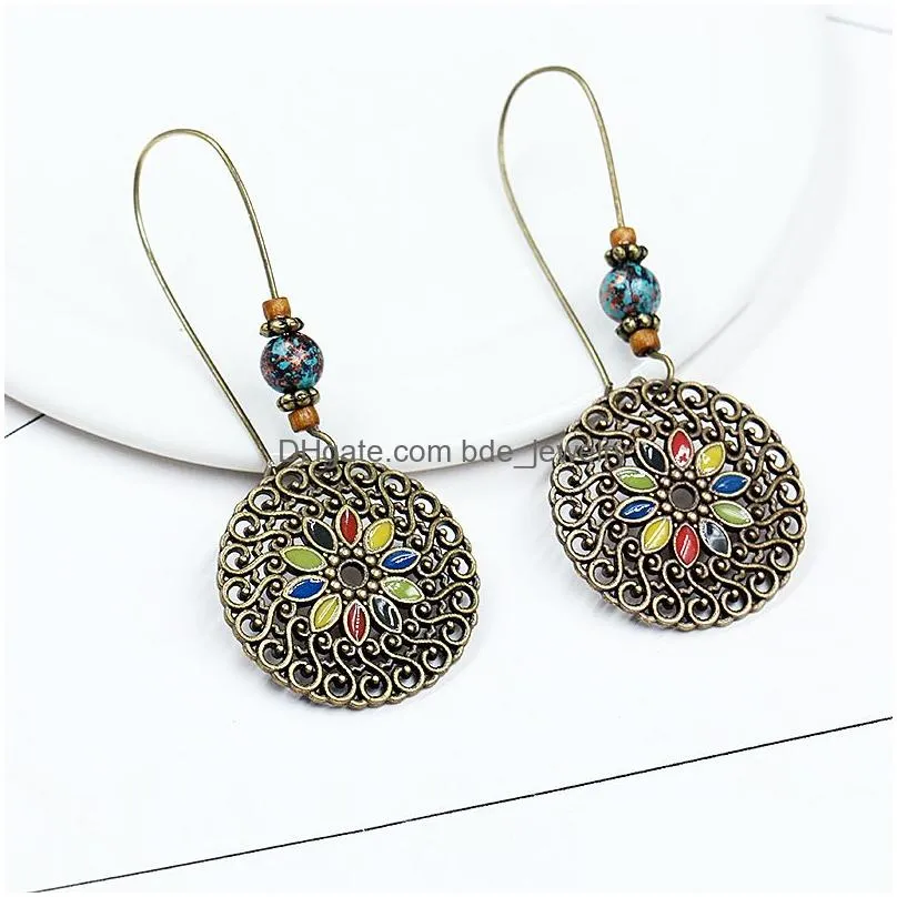  arrival vintage hollow earrings antique round blue stone pendant hollow enamel flower dangle earrings jewelry for women