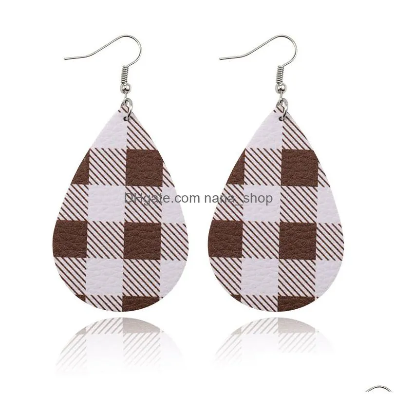  fashion lattice pattern leather earrings double sided teardrop earring boho  plaid water drop leather earrings jewelry