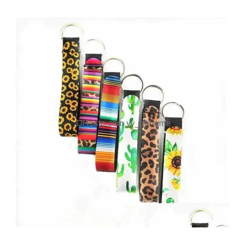 neoprene wristlet keychain printed hand wrist lanyard keyring holder flower strip leopard lanyard key ring keychains bag pendent