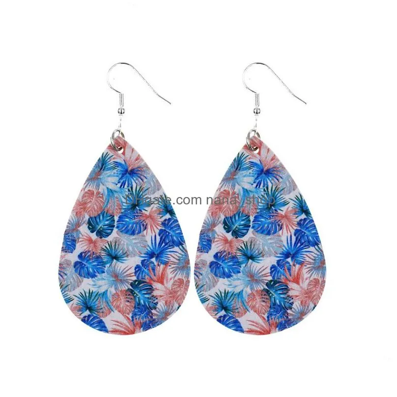 rainforest lightweight faux leather earrings for women handmade summer flower teardrop drop dangle earrings