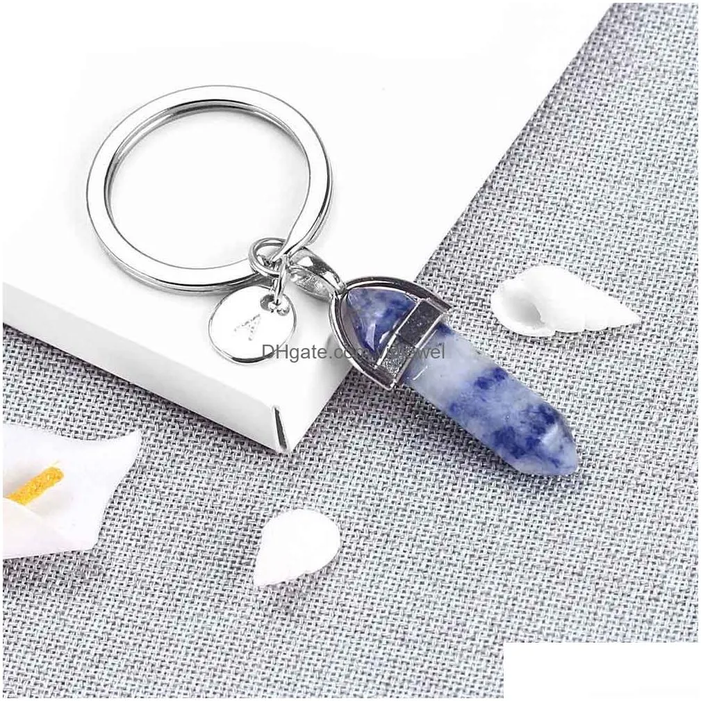 personalized custom az initial letter keychain natural stone crystal keyring colorful stone charms ring chain couples jewelry