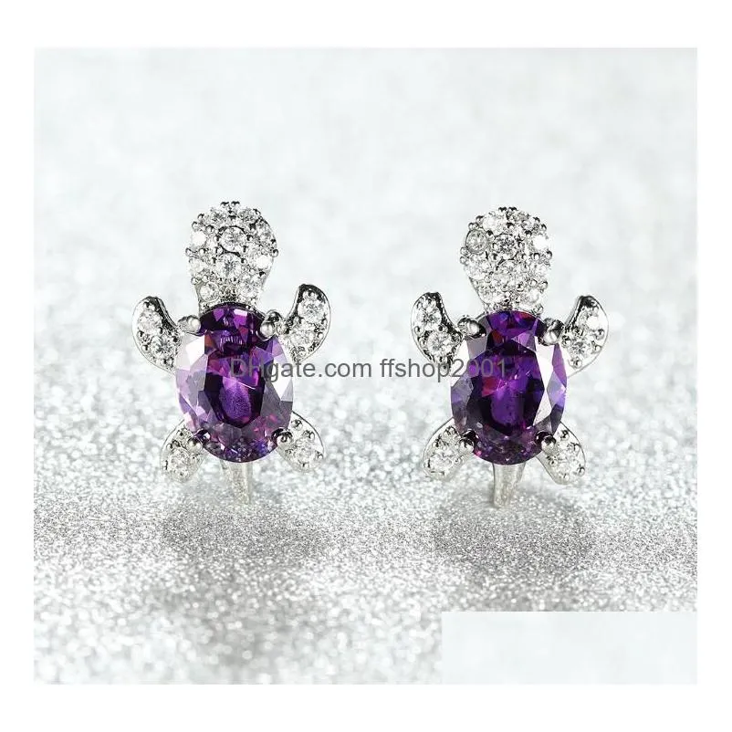 cute design white gold plated gemstone stud earring copper turtle animal earrings for women gift 16 colors