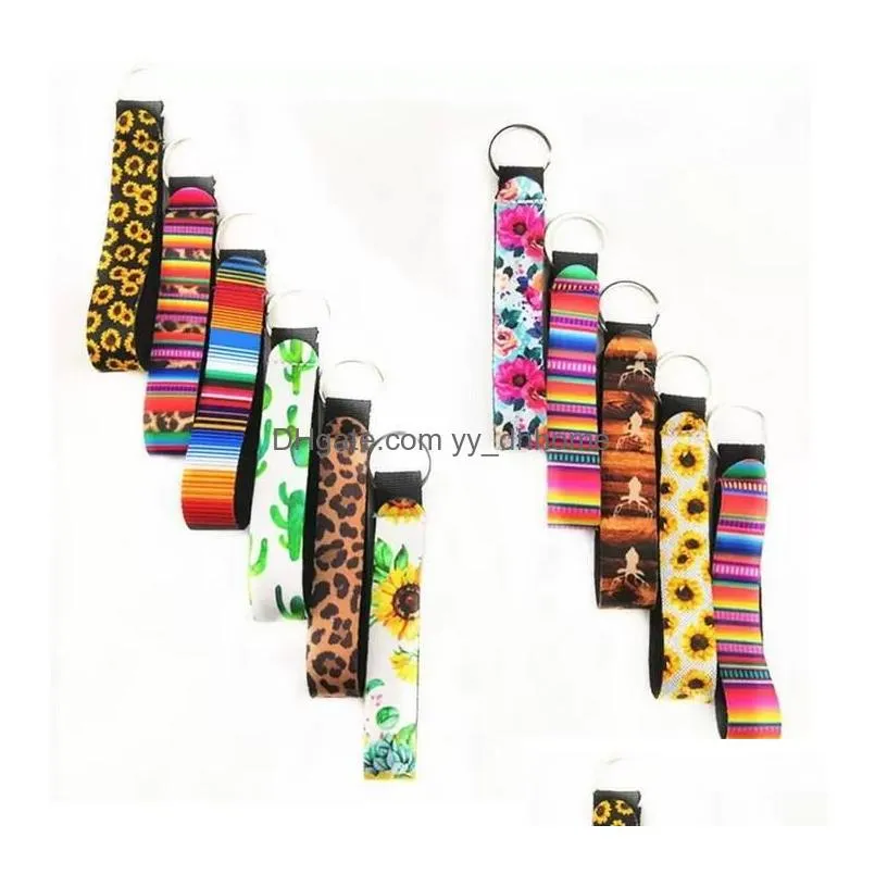 neoprene wristlet keychain printed hand wrist lanyard keyring holder flower strip leopard lanyard key ring keychains bag pendent