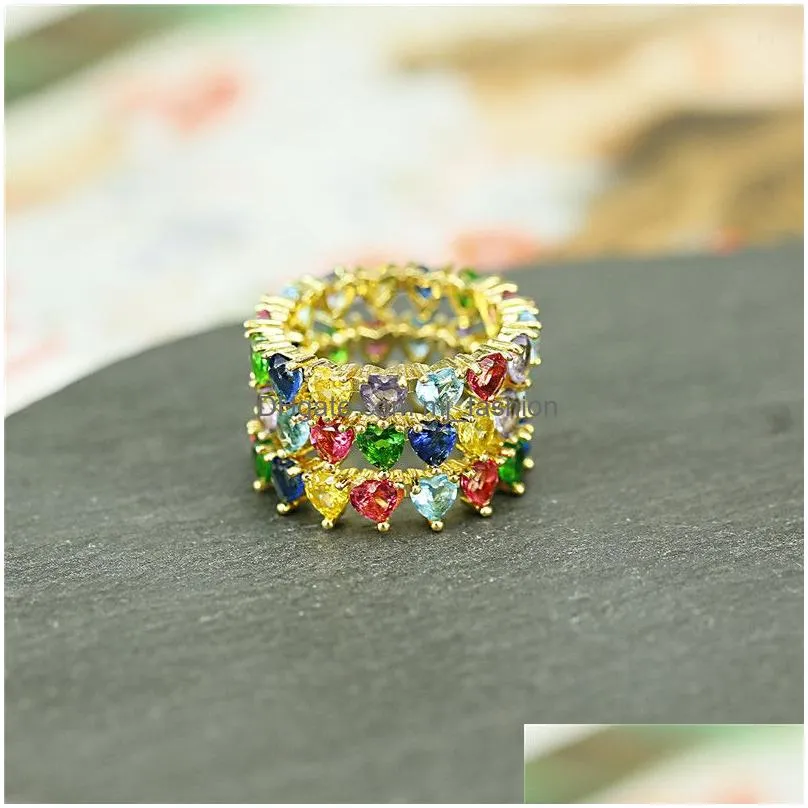 fashion rainbow heart baguette rings eternity trendy engagement wedding stack ring for women lovely heart crystal rings jewelry gift