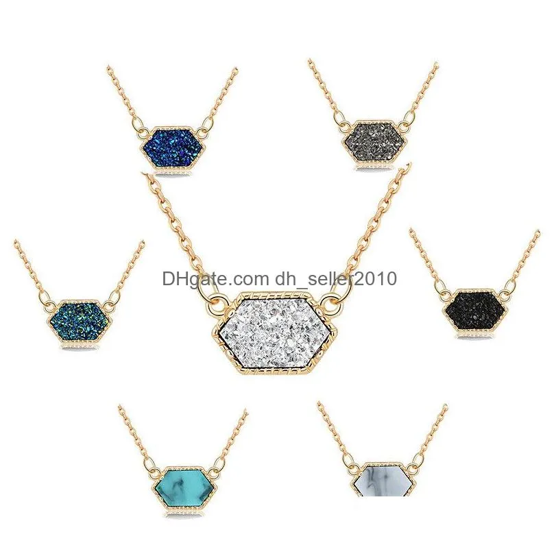 new design geometric druzy necklaces 14 colors gold silver plated geometry stone pendant necklace for elegant women girls fashion