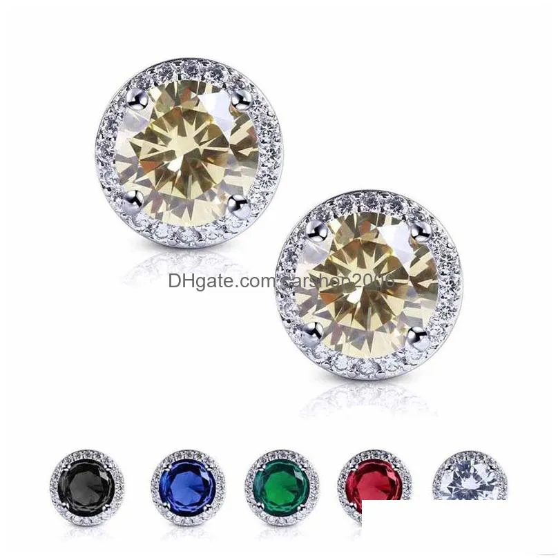 fashion elegant cubic zirconia stud earrings 11mm round 6 colors rhinestone zircon earrings for women girls hypoallergenic wedding