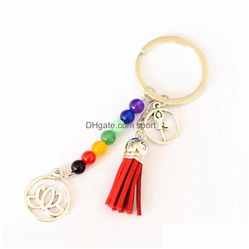 colorful chakra stone tassel keychain pendant lotus reiki healing yoga natural gemstone beaded keychain creative keyring gift