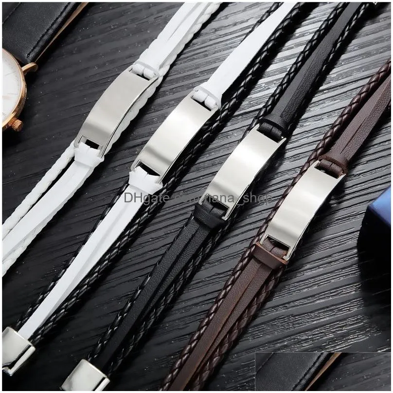 new engraved tag leather bracelet stainless steel mens bracelet personalized diy custom layered genuine leather bangle gift mens