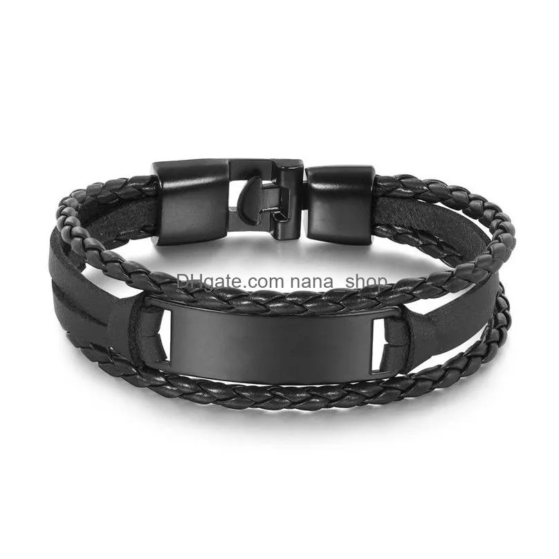 new engraved tag leather bracelet stainless steel mens bracelet personalized diy custom layered genuine leather bangle gift mens