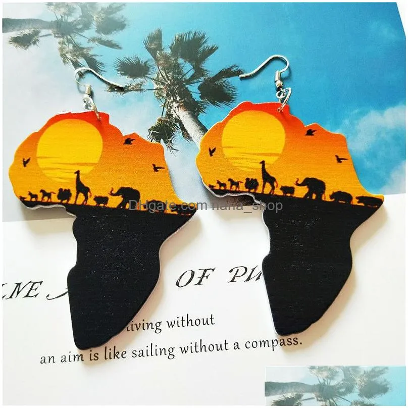 fashion printing africa map wooden earrings for women party animal pattern hip hop geometric earring ethnic bohemia jewelry