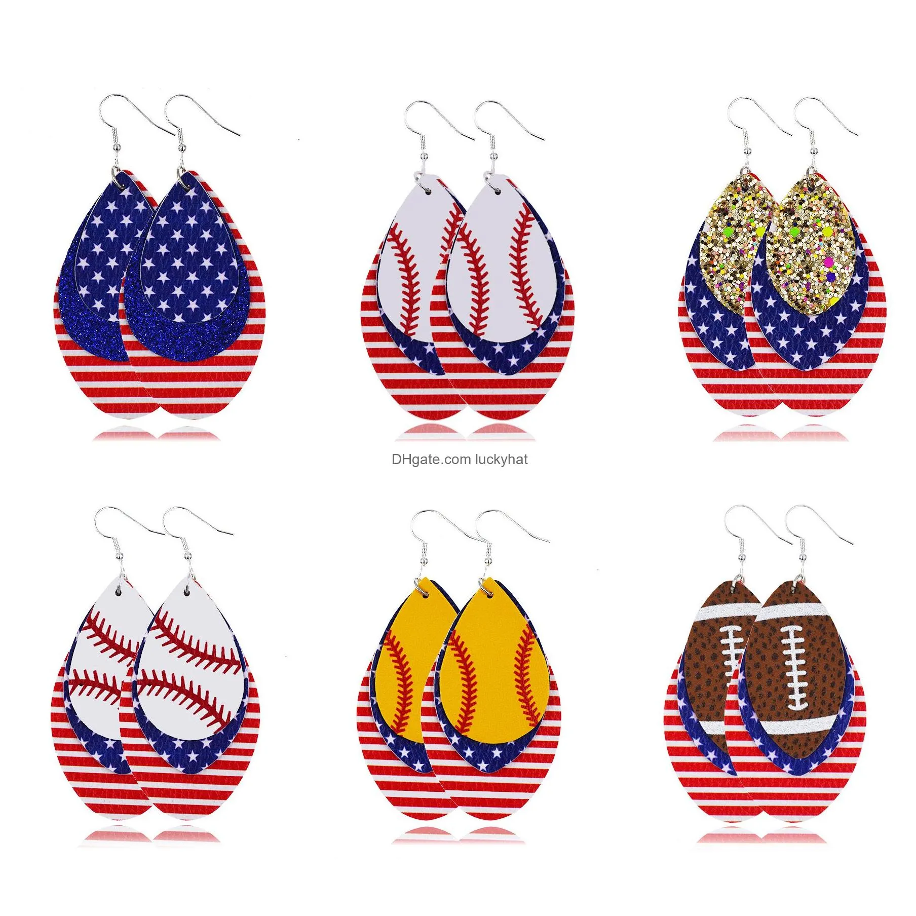 2020 new fashion independence day women dangle earrings jewelry gifts baseball football softball sport pu leather american flag