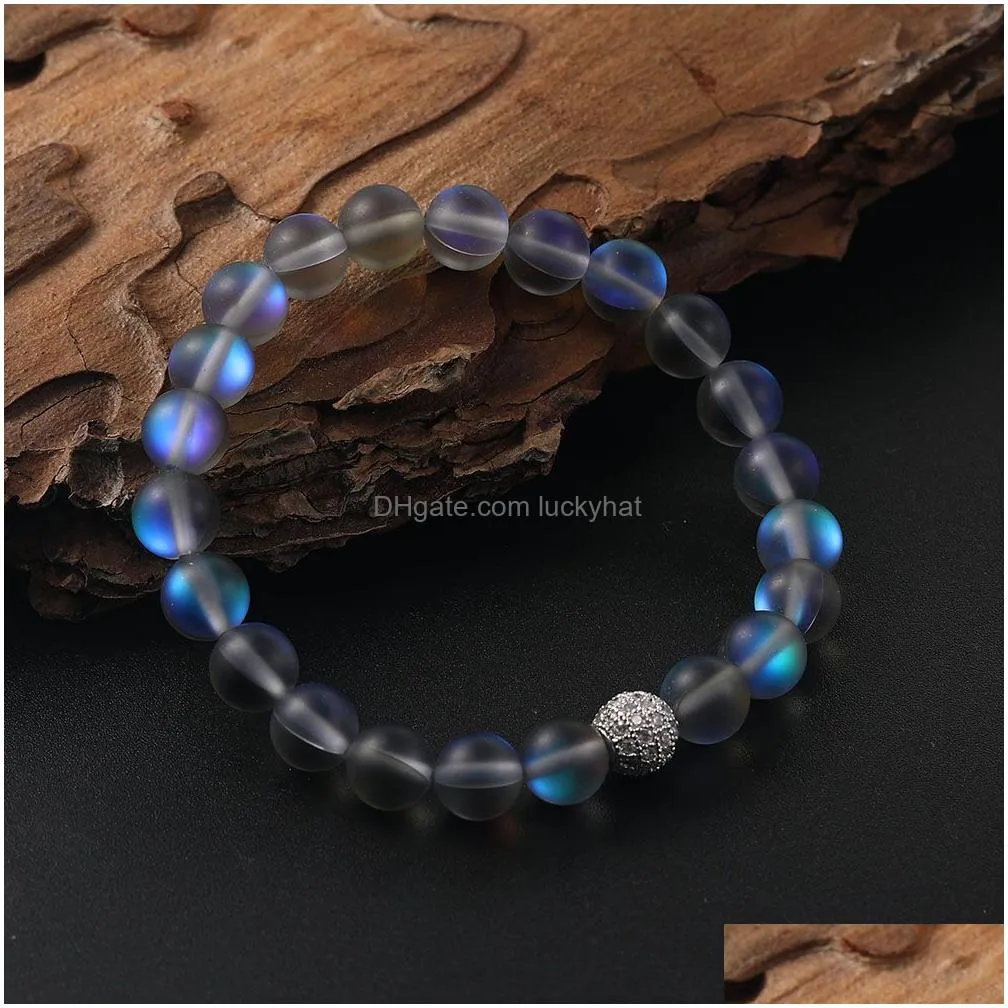 colorful natural flash stone beaded bracelet for women men dull polish frosted moonstone cz micro paved beads charm elastic bracelet