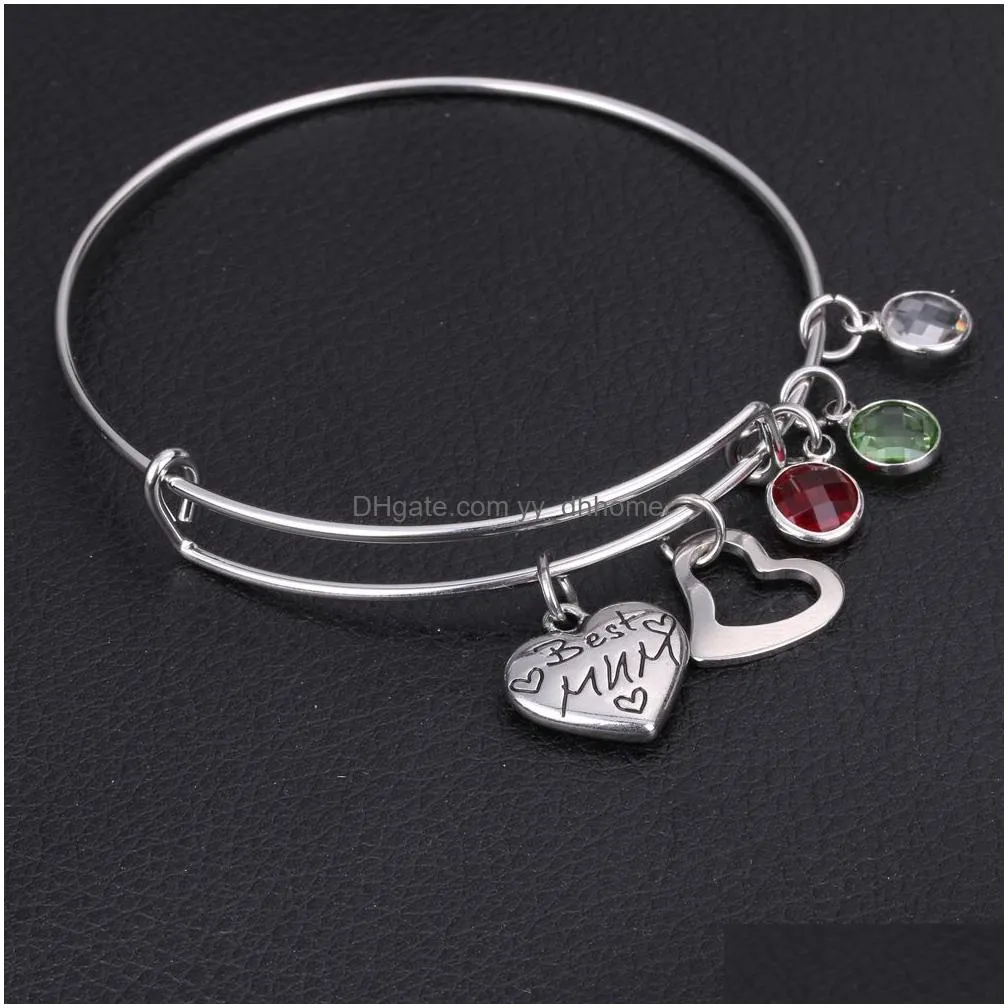 stainless steel bracelet adjustable expandable wire bracelets bangles with birthstone heart charm graduation gift custom for women