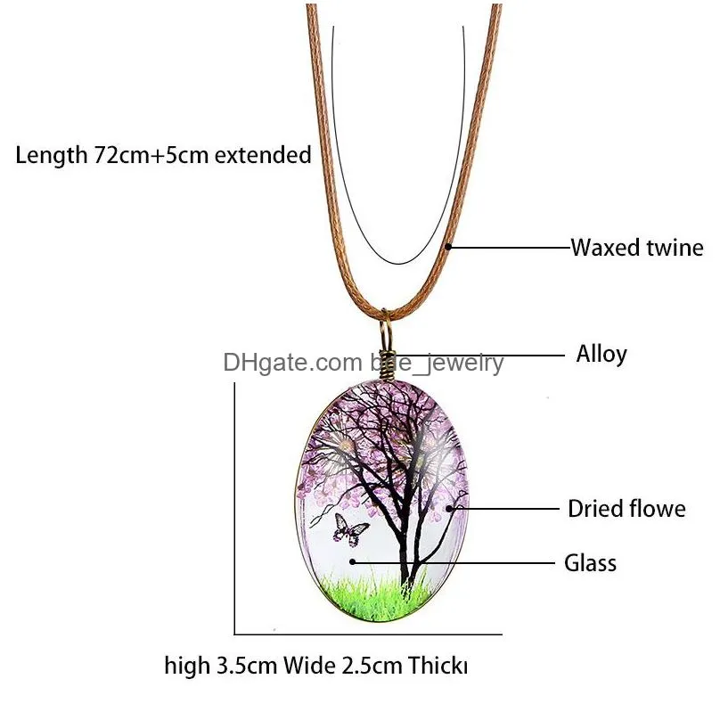  fashion handmade dried flowers necklace oval ball glass pendant necklaces waxed rope chain wholesale jewelry