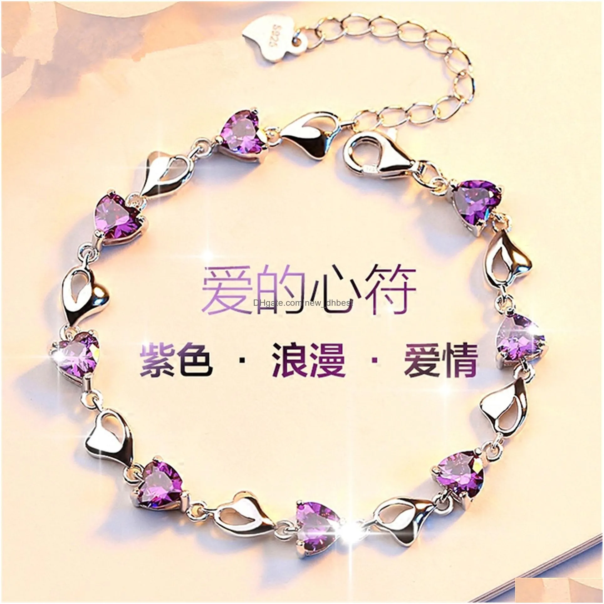 purple crystal heart bracelet romantic wedding gift pink blue amethyst zircon bracelets for women jewelry