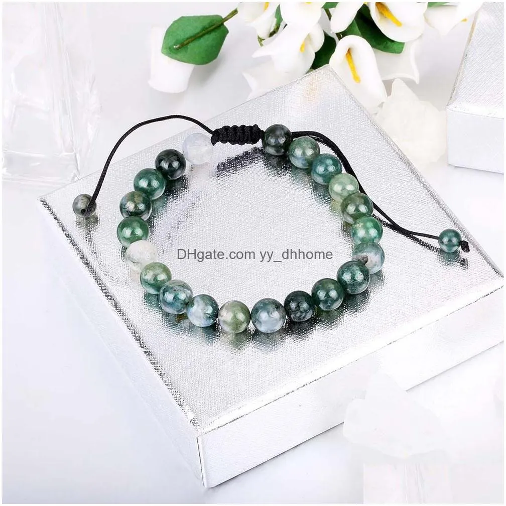 handmade natural stone bead bracelet aquatic green agate braided rope bracelets onyx crystal quartz round bead for men women lucky