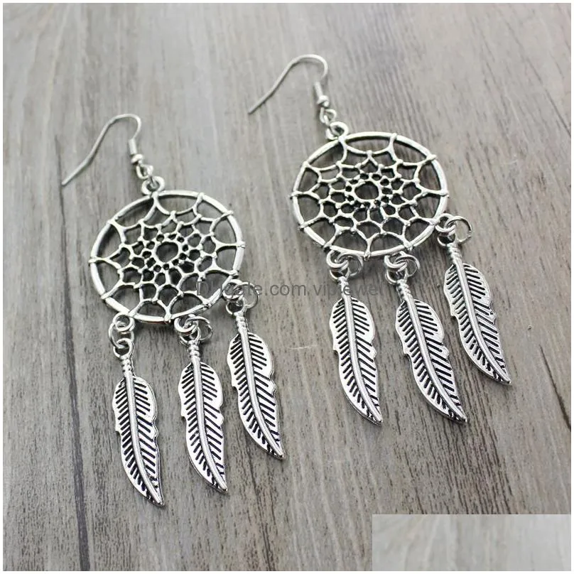 bohemian style dream catcher net feather tassel earrings for women ladies vintage silver dreamcatcher boho jewelry gift