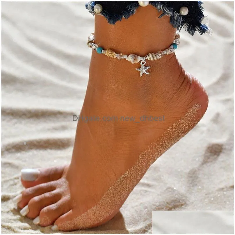 handmade shell starfish anklet bracelets for women antique silver color vintage barefoot sandal statement bracelet foot chain beach