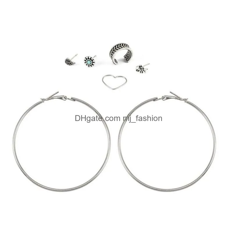 exaggeration big circle hoop earrings for women trendy retro heart leaf turquoise stud earrings set 6pcs/set wholesale jewelry