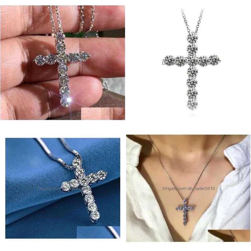 925 sterling silver necklaces full round cut white topaz cz diamond cross pendant party popular women clavicle necklace gift