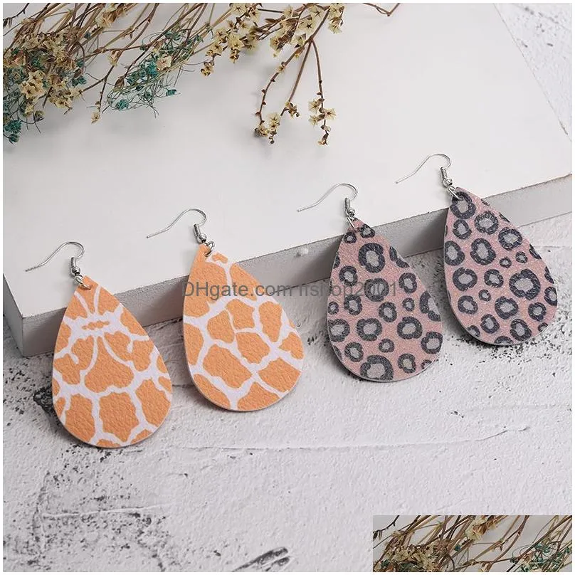  design pu leather earrings for women leopard stripe dot pattern multi colors teardrop leather bohemia water drop earrings jewelry