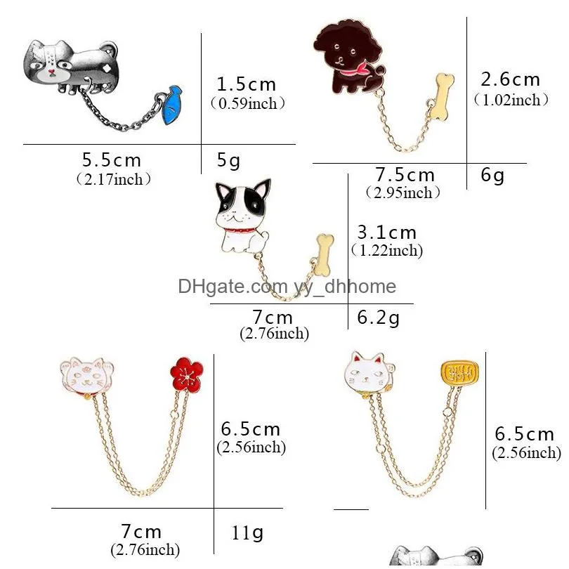  design cute animal enamel pins 5 styles cartton cat fish dog bone with chain brooches for kids women badges clothes wholesale