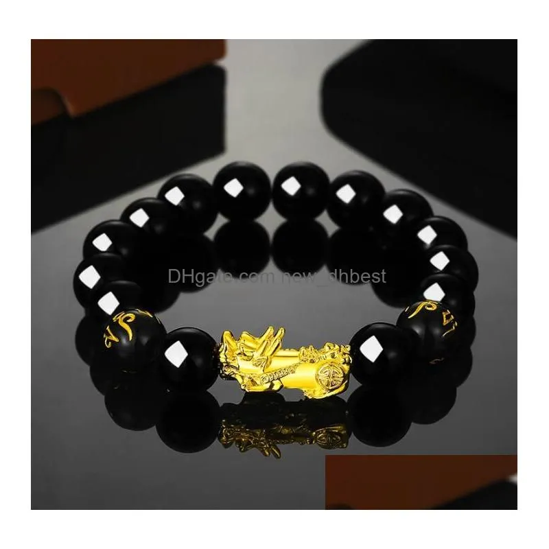 good luck wealth beaded strands bracelets black obsidian beads pixiu bracelet feng shui prosperity pi xiu bracelets for men women jewelry gift 18