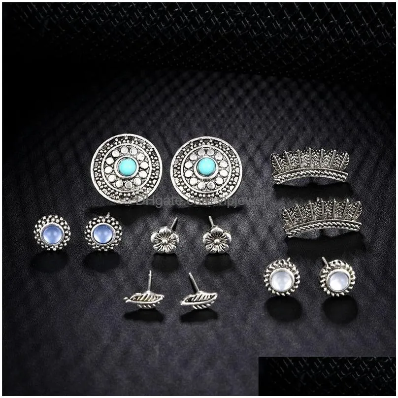 vintage 6 pairs/ set green purple opal stud earrings for women wedding party flower leaf pattern earring jewelry gifts