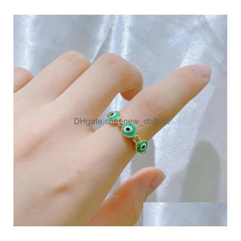 enameled evil eye band rings gold plated adjustable zircon copper rings jewelry for women gift