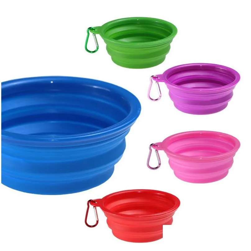 multicolors silicone pet folding bowl retractable utensils bowl puppy drinking fountain portable outdoor travel bowl carabiner bh1862