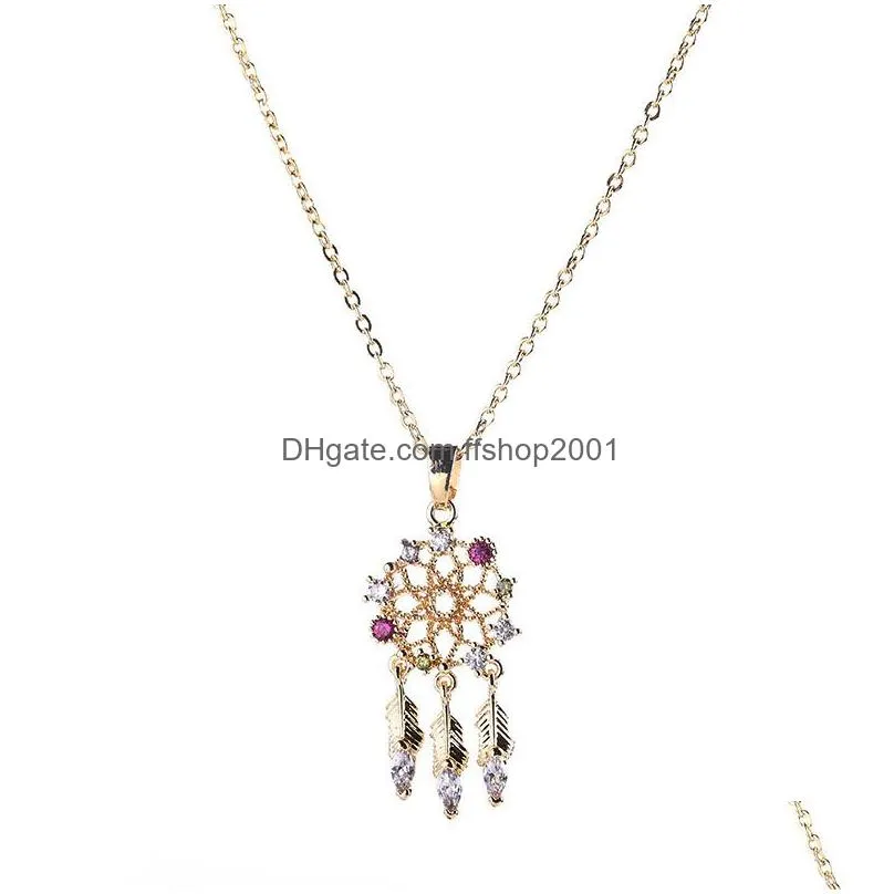  est hollow dream catcher pendant necklace for women cubic zircon gold pendant necklace feather charm fashion lady girls jewelry