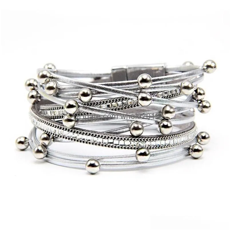 5 colors new fashion shinning bead wrap pu leather bracelet bangle women design multilayer bracelet with magnetic clasp