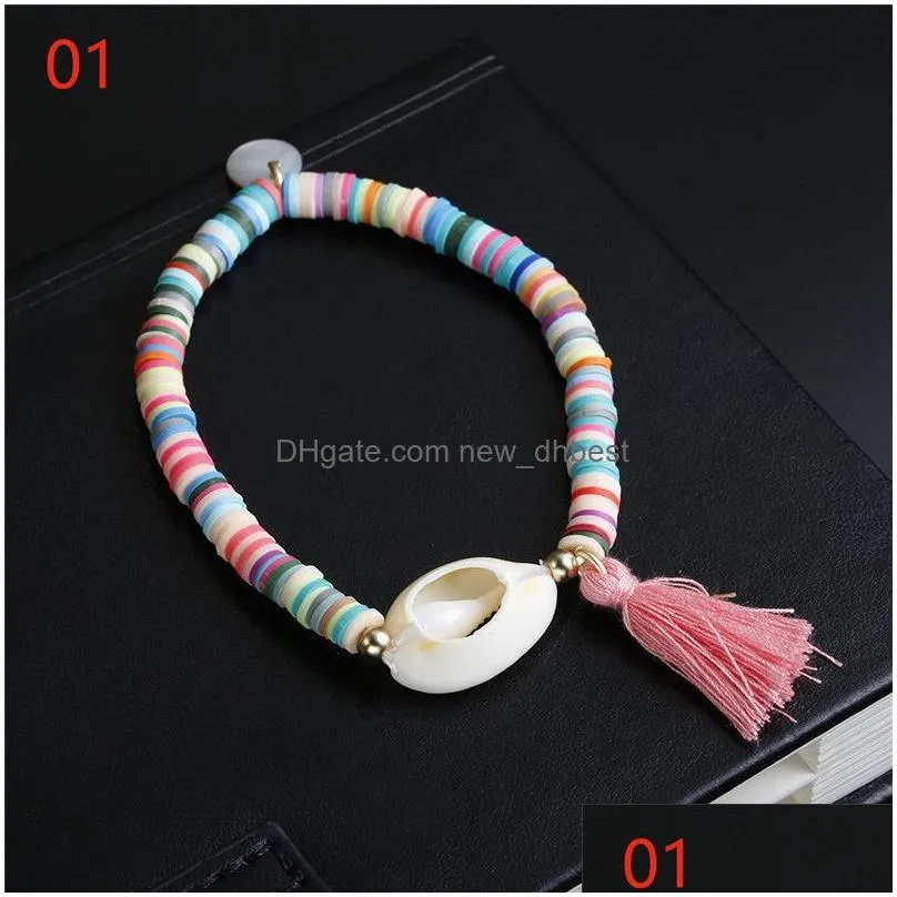 trendy white shell elastic bracelet bohemian colorful clear stone polymer clay beaded bracelets for women holiday seashell beach jewelry