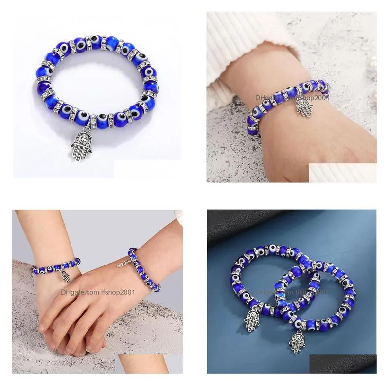 8mm turkey evil blue eyes beaded strands bracelets chain men women kids religious hamsa hand charm bracelet bangles handmade jewelry