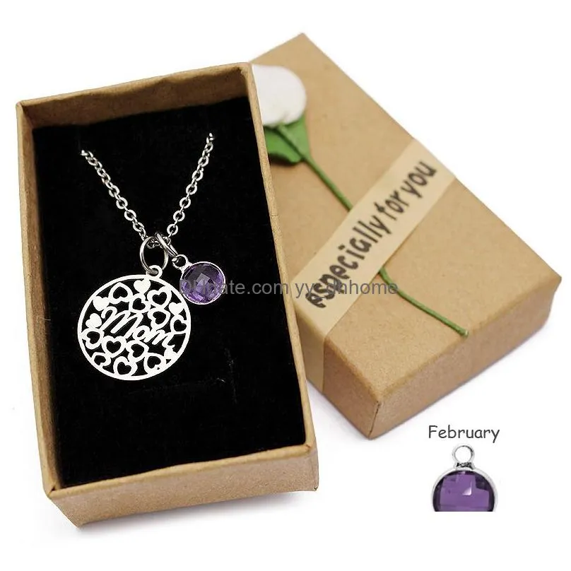 2019 love heart mom necklace crystal birthstone pendant necklace stainless steel chain charm mothers day birthday gifts for mom
