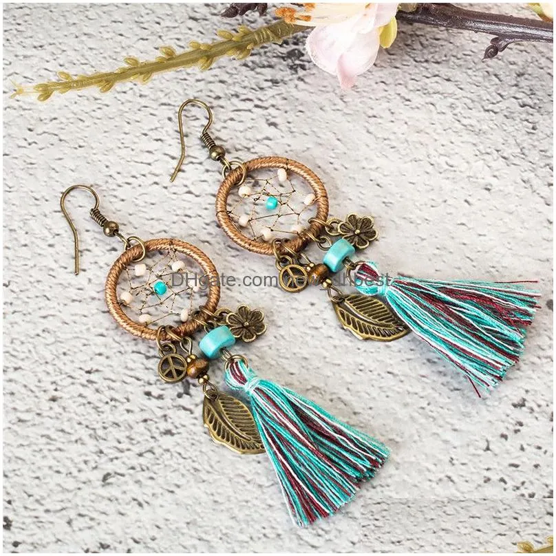 bohemian dream catcher tassel dangle earrings for women fashion boho ethnic long green fringed drop earring wholesale jewelry gifts