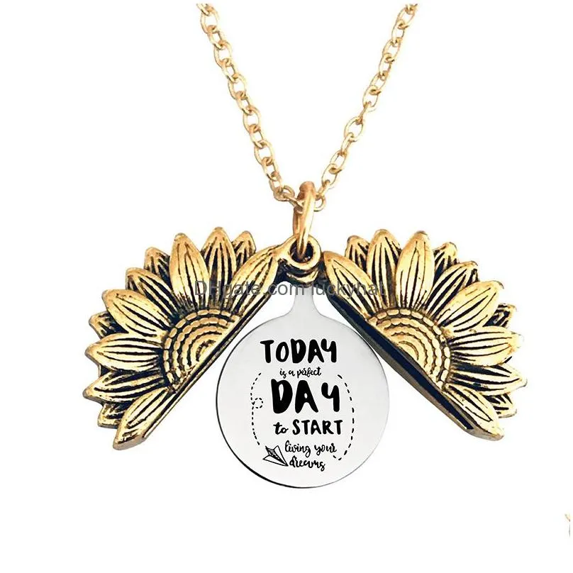 antique gold plated stainless steel pendant necklace open locket sunflower 2022 graduation season lettering intial necklaces
